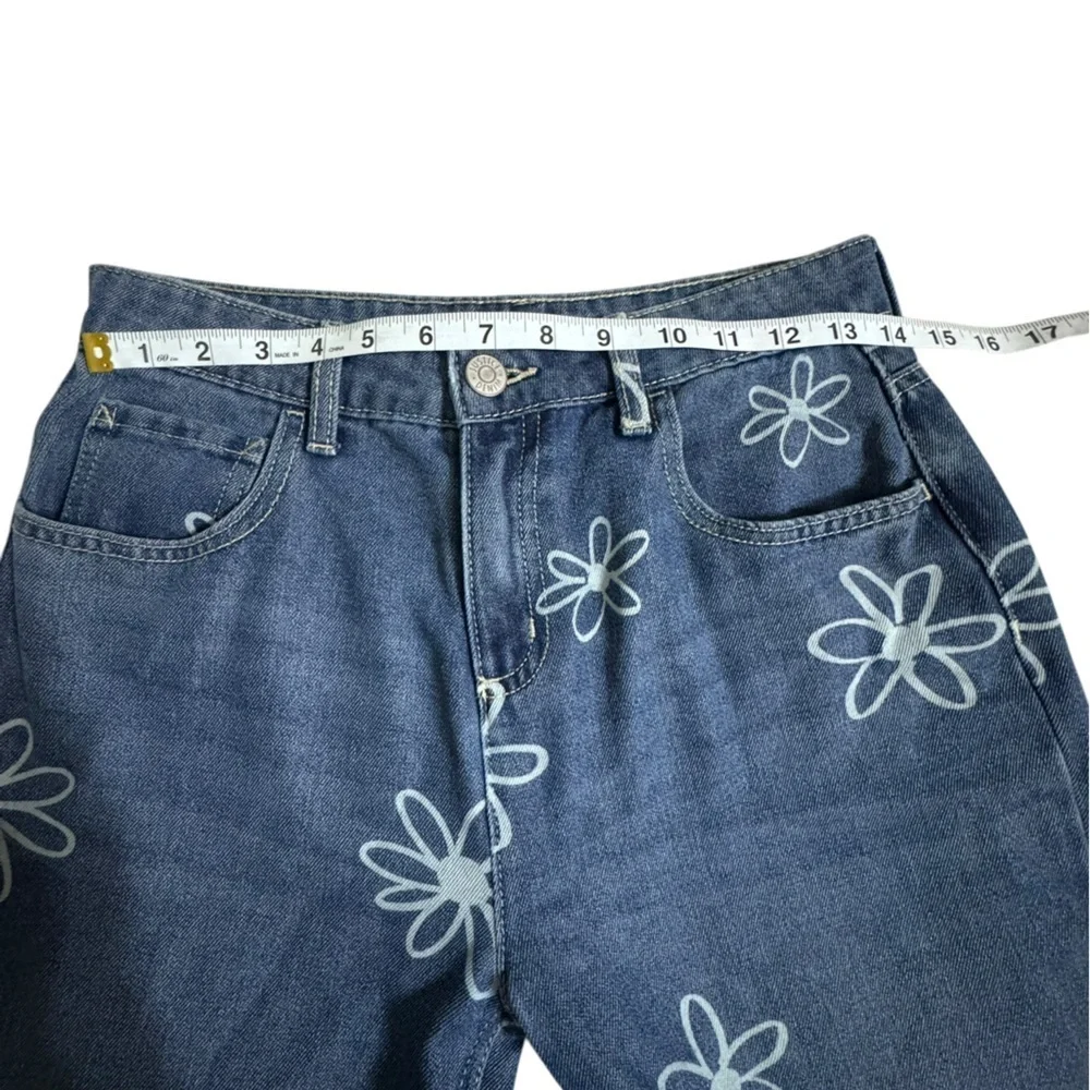 Justice Girls Wide Leg Flower SZ 18 Jeans Side Slit Y2K Floral Denim Daisy 70's